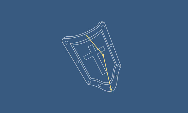 ネイビー色の背景に浮かぶたて座の線画イラスト（白線の盾の絵とゴールド色の星座線）