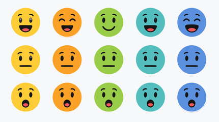 Fototapeta premium Cheerful flat vector emoji reaction face icon set in rounded circles, showing happy smiles, calm neutral moods and surprised expressions for feedback ratings, chat apps and social UI