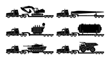 Heavy Machinery Transport Trucks, Construction Equipment Haulers, Industrial Load Vectors © Boby