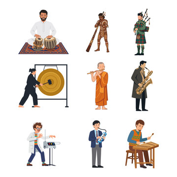 Diverse Musical Performers Playing Traditional and Modern Instruments from Around the World