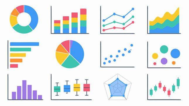 Colorful dashboard chart icon collection featuring donut, pie, bars, lines, area, scatter, bubble, candlestick, box plot and radar graphs, flat vector analytics infographic set for reports