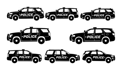 Police SUV Icons, Law Enforcement Vehicle Set, Black Silhouette Patrol Cars Collection © Sriti