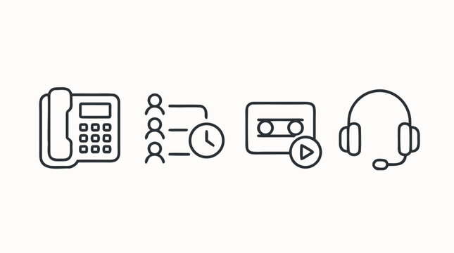Editable stroke contact center icon set showing desk phone, call queue timing, voicemail playback and operator headset, clean outline vector symbols for customer support apps and helpdesk interfaces