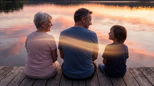 Three generations of family together on a wooden dock at sunset with golden light linking them across the water