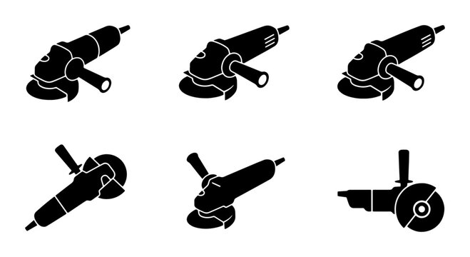 Angle Grinder Icons Set, Power Tool Vector Graphics, Industrial Equipment Silhouettes, Metalworking Tools