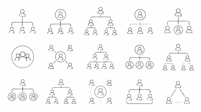 Team structure thin line icon collection featuring org charts, leaders, departments, circular groups and reporting lines, editable stroke vector for HR, workforce planning and enterprise design