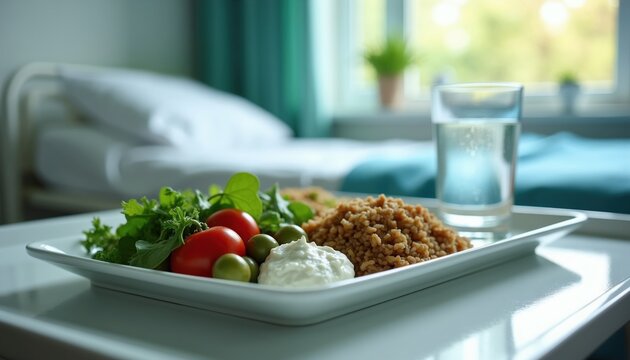Balanced meal on hospital tray with fresh vegetables, grains and dip served near a bed. Patient nourishment for recovery and well being. Glass of water.
