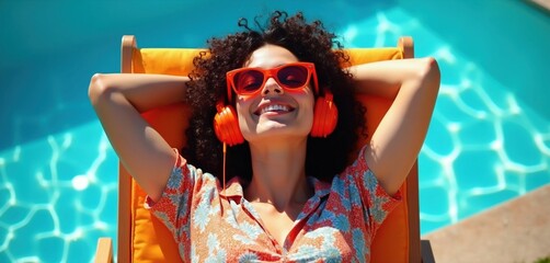 Plakat Happy woman wears red sunglasses, orange headphones relaxing on lounge chair by swimming pool. Curly brunette girl smiles sunbathing under bright sun during vacation. Female enjoys summer leisure
