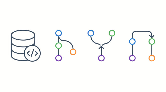 Rounded line icon set for code repositories, Git branching, merging, pull requests and version control workflows with editable strokes, colorful nodes, database symbol and clean developer vector style