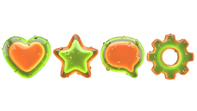 Vibrant and glossy 3D rendered icons set with a playful jelly-like texture, featuring heart, star, speech bubble, and gear symbols for modern UI design