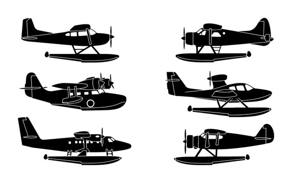 Seaplane Vector Icons, Floatplane Aircraft Silhouettes, Amphibious Flying Boat Collection