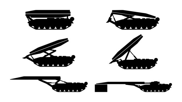 Multiple Rocket Launcher Systems, Military Vehicle Silhouettes, Combat Equipment Icons, Defense Technology Vector Set