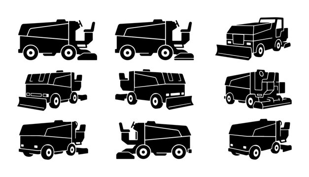 Ice Resurfacer Icons, Zamboni Machine Vector Set, Hockey Rink Maintenance Equipment Collection