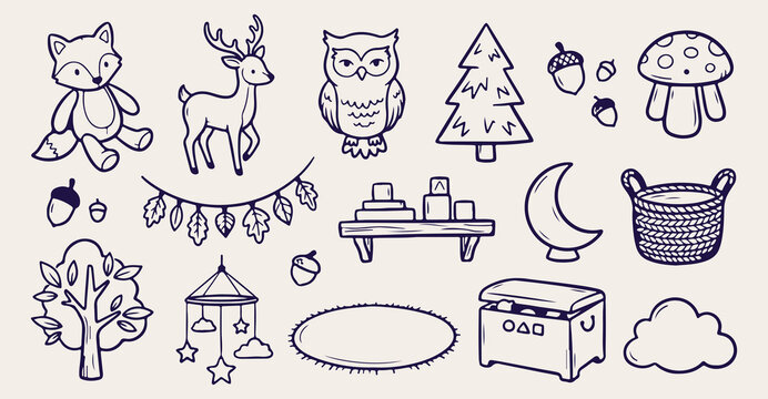 hand drawn woodland nursery seamless pattern, vintage deer owl vector illustration, blue pine tree line art background, woodland shelf sketch fabric print design, baby room wallpaper pattern design, h