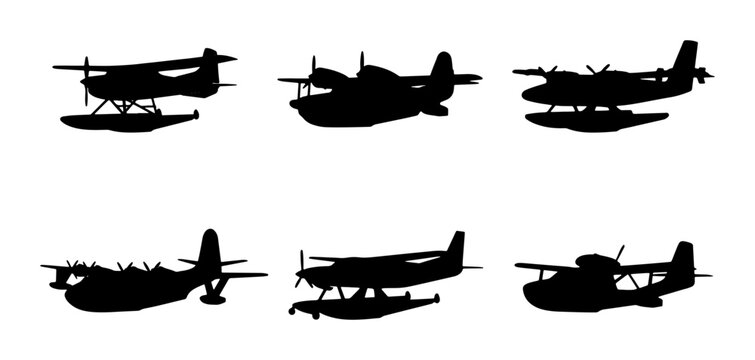 Seaplane Silhouettes Collection: Diverse Floatplane Aircraft Vector Set
