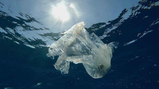 View from below on a ripped translucent plastic bag swimming in the blue water under the rippled surface with bright midday sun backlit. 