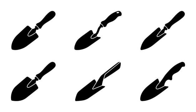 Gardening Trowel Icons Set, Hand Tool Silhouettes for Planting and Digging, Black Vector Graphics