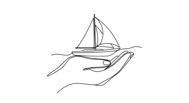 Sailing boat on open hand, minimalist line art, symbol of care and freedom