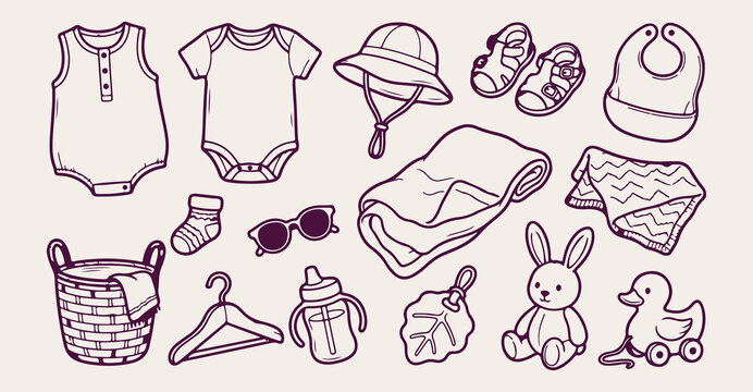 hand drawn baby clothes seamless pattern, vintage newborn onesie vector illustration, purple sunhat shoes line art background, baby blanket sketch fabric print design, nursery clothing wallpaper patte