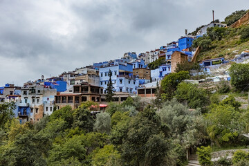 Fototapeta premium Aerial view of Chefchaouen town from the surrounding hill in Morocco