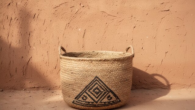 Minimalist Woven Basket with Tribal Pattern on Terracotta Adobe Wall Background with Copy Space