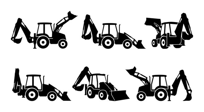 Backhoe Loader Set, Construction Vehicle Icons, Heavy Machinery Silhouettes, Industrial Equipment Vector Graphics