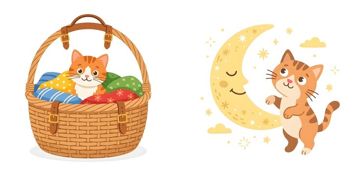 Cute ginger kitten in wicker basket with colorful pillows, adorable orange tabby cat playing with crescent moon and stars, nursery animal illustration