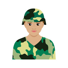 Fototapeta premium Smiling female soldier in green camouflage uniform and helmet avatar icon vector illustration. Young woman army soldier in military clothing icon on a white background. Female armed force cartoon