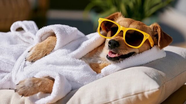 Cute Small Dog in Bathrobe and Sunglasses Relaxing at Sunny Spa Resort