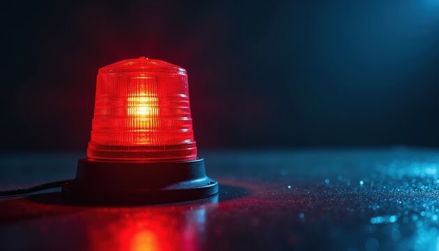 Bright red emergency siren light glows in darkness. Rotating beacon lamp flashes warning signal for safety police alert. Minimalistic industrial equipment stands on dark surface. Urgent alarm