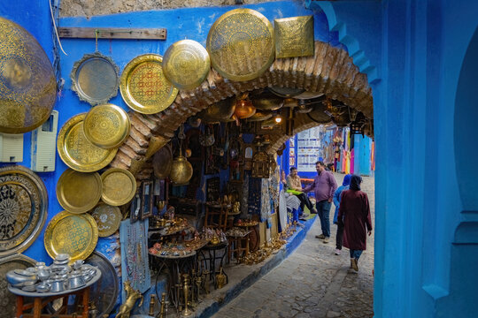 Traditional souvenir and gifts market street in blue town Chefchaouen in Moroccow