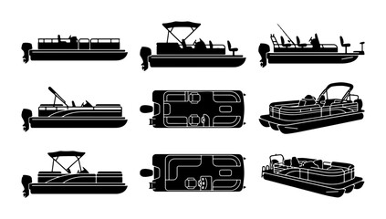 Pontoon Boat Silhouettes: Vector Icons for Water Recreation, Marine Transport, and Leisure Craft © Aditya