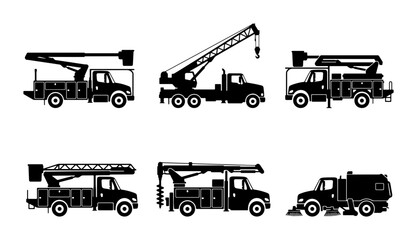 Construction Crane and Utility Truck Icons, Heavy Machinery Vector Set, Industrial Vehicle Silhouettes © Touhid