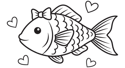 Fish Illustration With Bow And Hearts Black Line Art On White Background © JOHIRUL_STUDIO