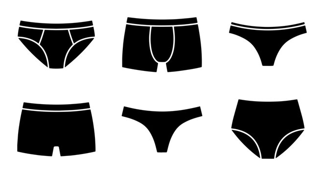 Underwear Icons Set, Mens and Womens Briefs, Boxers, Thongs, Lingerie Vector Graphics