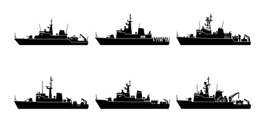 Naval Ship Silhouettes, Set of 6 Warship Icons, Military Vessel Vector Graphics © Sriti