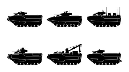 Armored Vehicle Silhouettes: Military Transport, Combat, and Support Craft Icons © Touhid