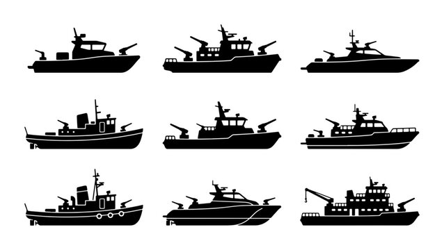 Military Patrol Boats Set, Naval Vessels Collection, Armed Ships Vector Icons