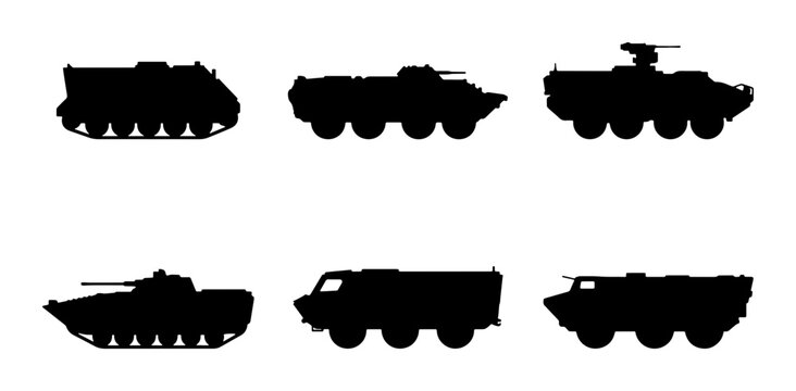 Military Vehicle Silhouettes: Armored Transport, Tanks, and APCs Collection