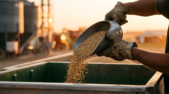 Farmer pouring golden grain seeds into container at agricultural facility with agriculture, industry