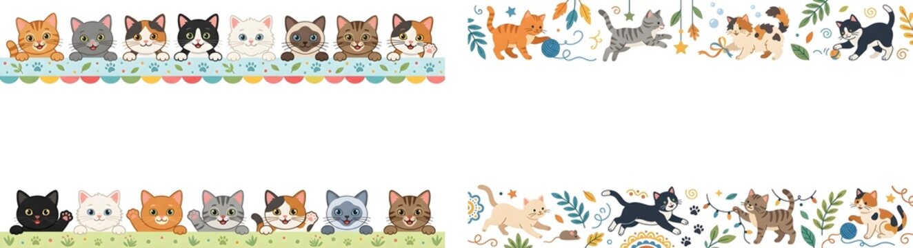 Cute cat border collection, playful kitten horizontal frames, set of four feline washi tape designs with colorful cartoon pets and floral elements