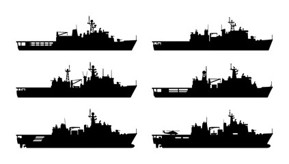 Warship Silhouettes, Naval Fleet Icons, Military Vessel Graphics, Set of 6 Vector Illustrations © Sreya