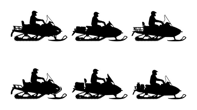 Snowmobile Silhouettes, Winter Sport Rider Icons, Outdoor Adventure Vehicle Set, Black Graphic Elements