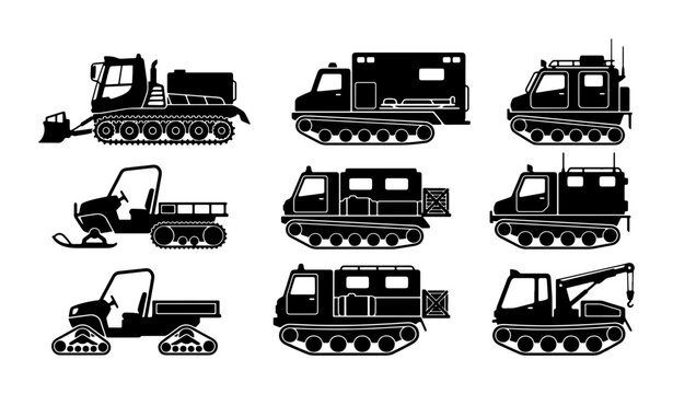 Snow Cat Vehicles, All-Terrain Tracked Transporters, Winter Expedition Machines, Set of 9 Icons