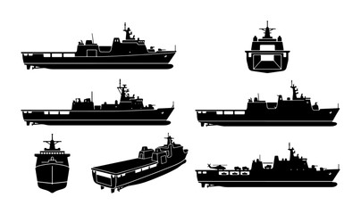 Naval Ship Silhouettes, Military Vessel Views, Amphibious Assault Ship Illustrations, Set of Warship Icons © Touhid