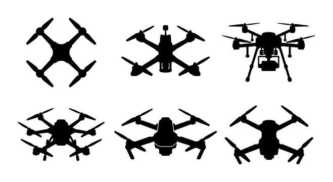Drone Silhouettes, Quadcopter Icons, Aerial Photography Drones, UAV Vector Set