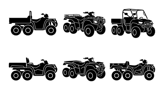 All-Terrain Vehicle Icons Set: ATV, Quad Bike, Utility Vehicle Silhouettes for Outdoor Adventure