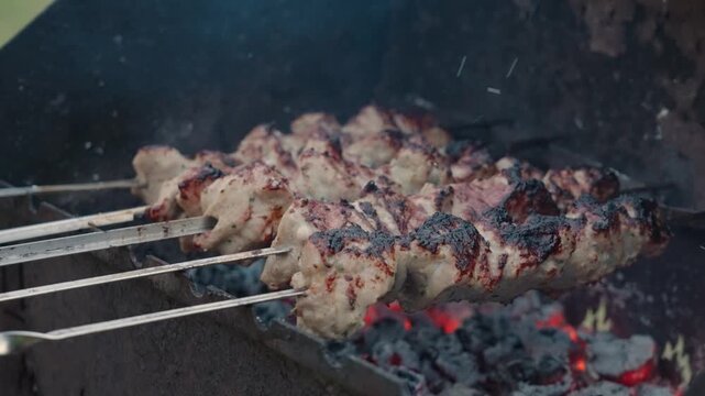 Fresh marinated meat grilling on metal skewers over hot charcoal and open flame