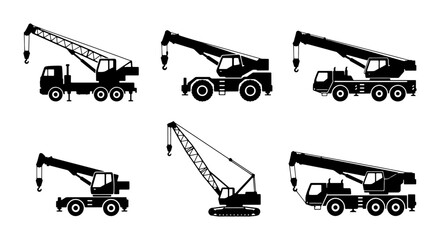 Mobile Crane Silhouettes, Construction Vehicle Icons, Heavy Machinery Vector Set © Touhid