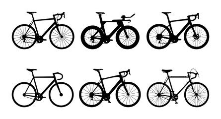 Obraz premium Diverse Bicycle Silhouettes Collection, Road Bike and Triathlon Bike Icons, Cycling Sport Vector Graphics